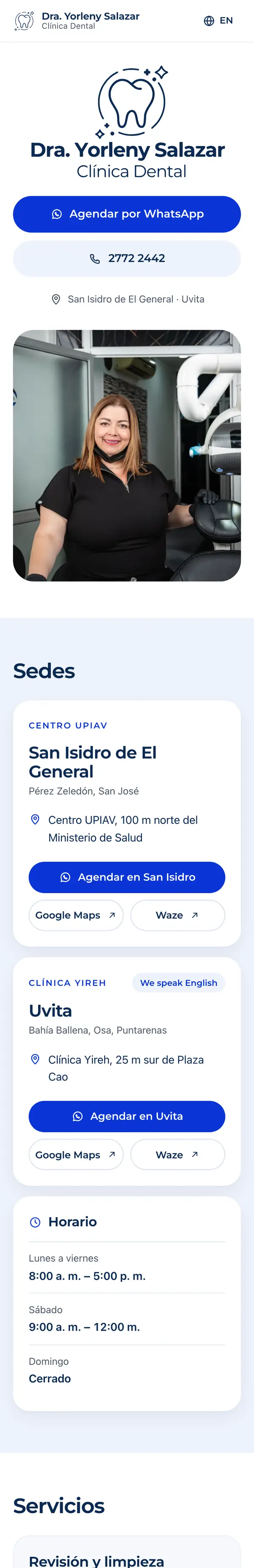 El sitio de la Dra. Yorleny Salazar en un teléfono: el logo, el botón para agendar por WhatsApp, la doctora y sus dos sedes.