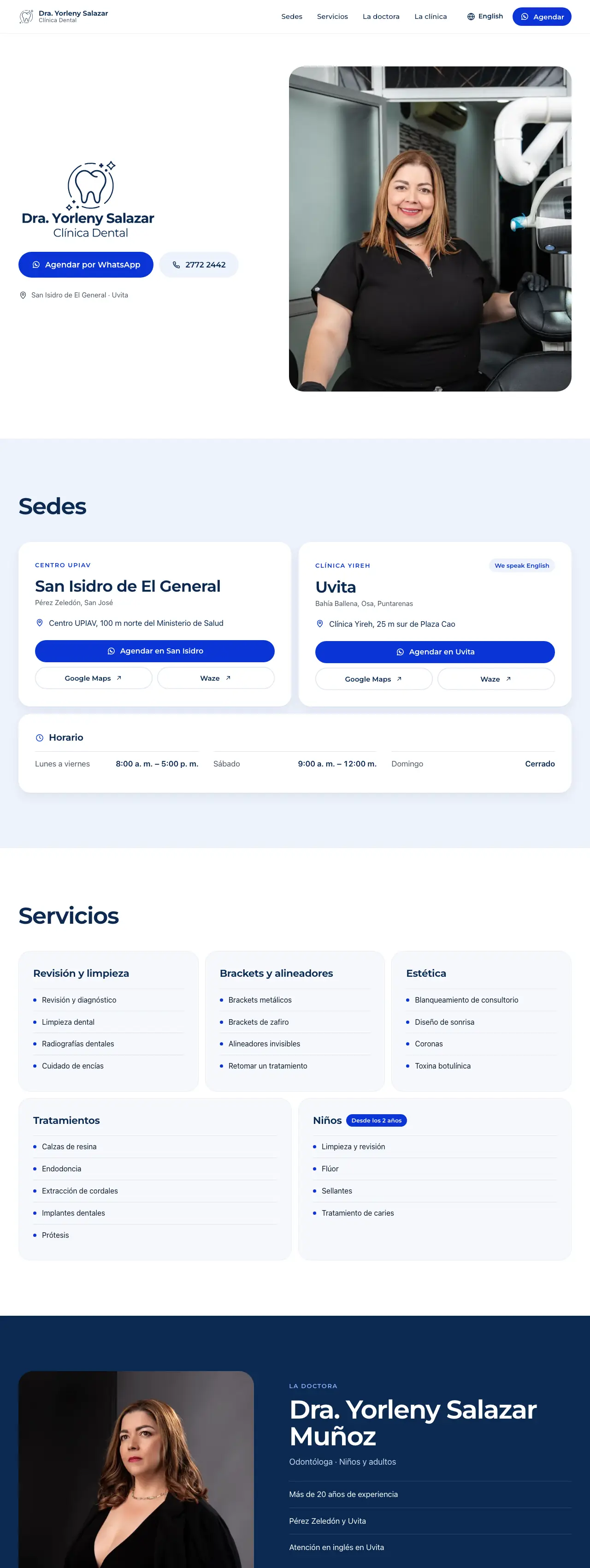 Portada de la clínica dental de la Dra. Yorleny Salazar: el logo, el botón para agendar por WhatsApp y la doctora en su consultorio.