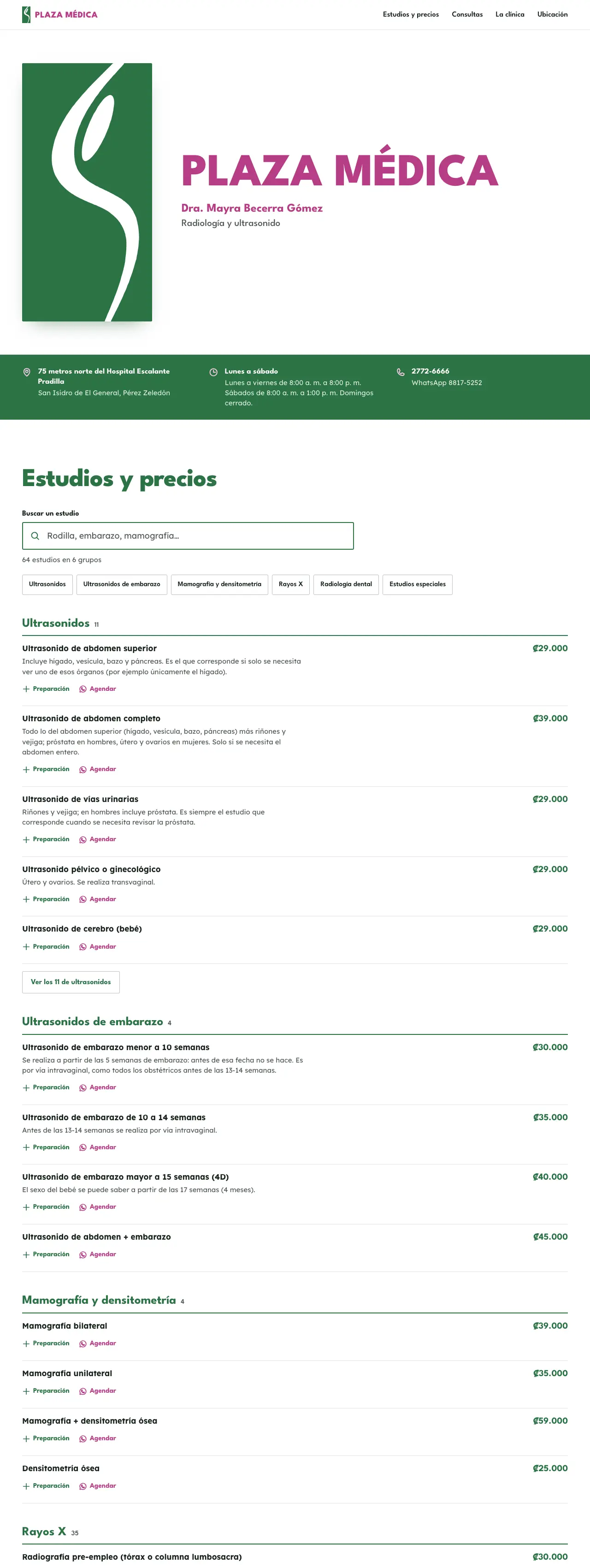 Portada de Plaza Médica: el logo verde, la dirección y el horario, y la lista de estudios con su precio.
