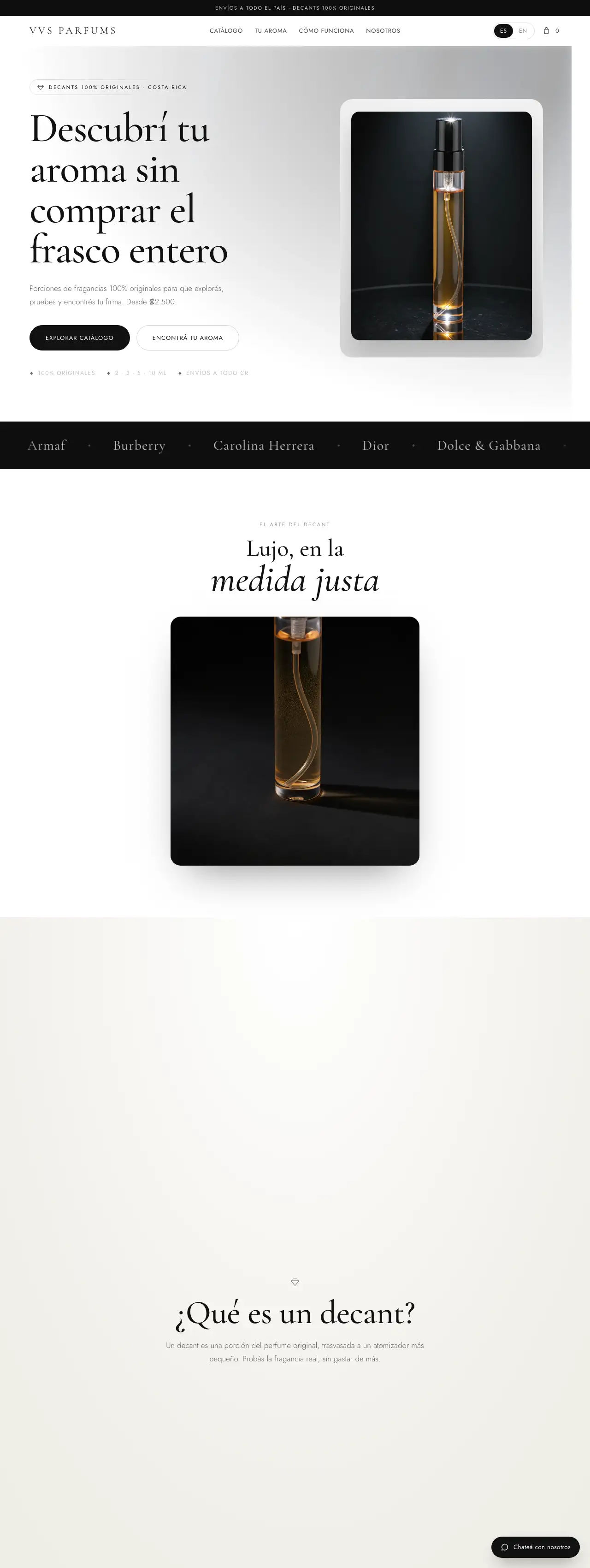 Portada de VVS Parfums: decants de perfumes originales en Costa Rica, con el catálogo y un frasco sobre fondo negro.